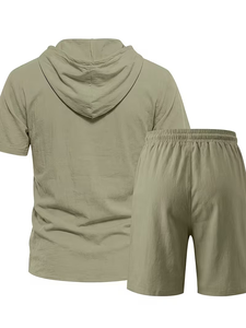 Men Solid Color Hooded Button-Up Shirt Set Elastic Waist Shorts Casual Summer Breathable Polyester/Cotton 200g Knitted Fabric - Product Image 6