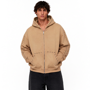 Custom Men's Zip Up <b>Hoodie</b> Heavyweight Cotton Fleece Streetwear Jacket With Embroidered Logo Private Label Apparel - Product Image 4