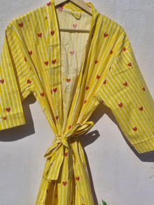 Robe Kimono en Coton à Rayures Cœur, Peignoir Léger Fait Main Imprimé au Bloc, Tenue de Détente Bohème pour l'Été, la Plage et le Spa - Product Image 4