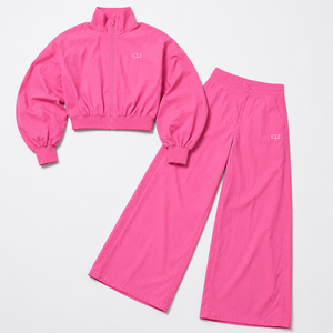 Oem Custom Women's Pink <b>Cropped</b> Track Jacket Extra-Wide Leg <b>Pants</b> Zip Up Stand Collar Baggy Windbreaker Tracksuit Set Wholesale - Product Image 5