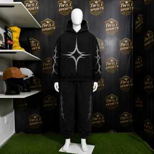 Men's Black Hoodie Geometric Print French Terry Cotton Casual Streetwear Sweatshirt Regular Fit Winter Breathable Acid Wash 350g - Product Image 5