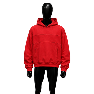 เสื้อฮู้ดดี้โอเวอร์ไซส์สีแดงสไตล์สตรีทแวร์สำหรับผู้ชาย ผ้าฝ้ายเฟรนช์เทอร์รี่สีพื้น ดีไซน์กระเป๋าเสื้อ ทรงปกติ - Product Image 1