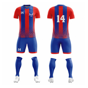 Conjunto de camiseta de fútbol sublimada roja y azul para hombre, manga corta, uniforme ajustado que absorbe la humedad, kit de fútbol, uniformes de fútbol femenino - Product Image 1