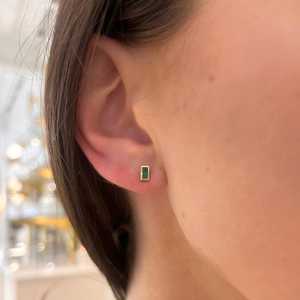 Emerald Dainty Green Stone Bar Stud <b>Earring</b> 14K Solid Gold Bezel Set <b>Post</b> With Push Back Stackable Everyday Wear Studs Wholesale - Product Image 2