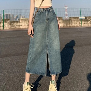 Summer New High-waist Slit Denim Skirt For Women Washed Retro A- line Skirt Hip-covering Straight Long Skirt - Product Image 4