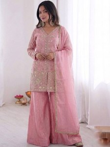 Women <b>Green</b> <b>Silk</b> top plazzo Floor Length Loose Fit Traditional Ethnic Outfit Wedding Festive Wear India Pakistan Style - Product Image 5