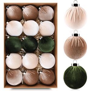 Set di 15 Palline di Natale in Velluto Multicolore, Decorazioni Infrangibili per Albero di Natale, Confezione Verde Marrone Neutro - Product Image 1