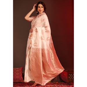 FANCY BANARASI SOFT SEDA COBRE ZARI TEJIDO TRABAJO SAREE CON BLUSA DESCOSADA BLANCO - Product Image 1