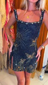 Minivestido de lentejuelas con cuentas de hadas, diseño de luna y estrellas celestiales, azul oscuro, cuello cuadrado, tirantes anchos, para fiesta de noche, ajustado, para mujer - Product Image 3