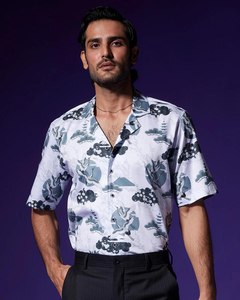 Men Premium Cotton <b>Half</b> Sleeve Geometric Print <b>Shirt</b> Cuban Collar Regular Fit <b>Button</b> Closure Casual Beach Resort Summer Fashion - Product Image 2
