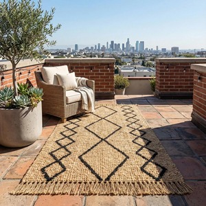 Tapis artisanal en jute à motif géométrique, style bohème, rectangulaire, pour salon, à poils ras, nettoyage localisé - Product Image 5