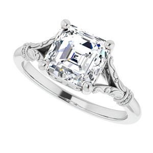 Anillo Solitario de Moissanita con Corte Asscher de 1.25 Quilates, Anillo de Compromiso de Oro Blanco de 14K con Tallo Grabado de Inspiración Vintage - Product Image 2
