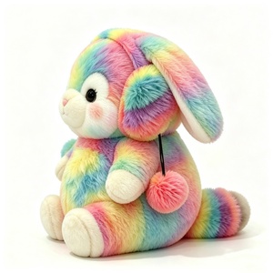 Peluche de lapin personnalisée à visage rond et oreilles tombantes, Peluche de lapin à visage rond et oreilles tombantes, Peluche de lapin à queue arc-en-ciel, Lapin avec cache-oreilles pompons multicolores - Product Image 1