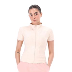 Camiseta corta de manga corta rosa claro para mujer, con cuello simulado y cremallera, ajustada, de cuello alto, informal, estilo minimalista para el día a día - Product Image 1