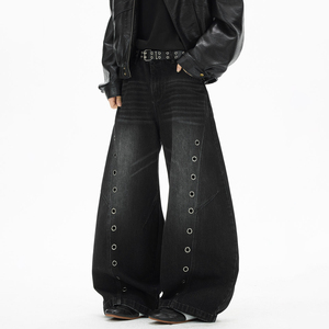Jean en denim délavé coupe droite taille mi-haute pour homme, coupe ample, en coton uni, style streetwear, hiver, noir avec détails déchirés - Product Image 6
