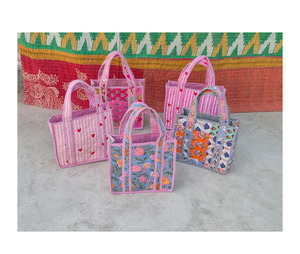 Small Bohemian Cotton Tote Bags Floral Striped Patterns Two Handles Open Top for Shopping All Seasons Rajasthan Jaif Textiles - Product Image 1