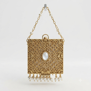 Pochette élégante classique dorée avec chaîne perlée en pierres précieuses et design à cadre pour soirées de luxe - Product Image 1