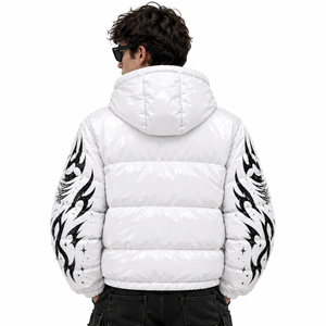 Custom <b>White</b> Puffer <b>Jacket</b> With Black Graphic Star Print Zipper Hooded Design Long Sleeve Winter Outerwear Warm - Product Image 6