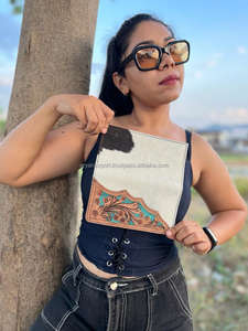 Hand <b>Tooled</b> Carving Wallet Clutch Phone <b>Case</b> Stylish Cowhide Fur Leather Turquoise Color Wallet Multi Use Western Leather Wallet - Product Image 4