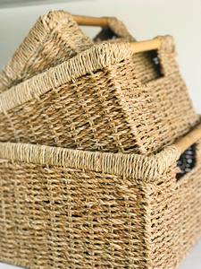 The Set of 3 Seagrass Rectangle <b>Basket</b> with Wooden Handle Multifunction Organizer <b>Basket</b> Handmade - Product Image 4