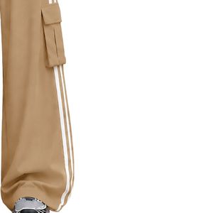 Customized <b>Womens</b> <b>Khaki</b> Wide Leg Cargo Track <b>Pants</b> High Waist Drawstring Side Stripe Relaxed Fit Utility Streetwear Custom OEM - Product Image 4
