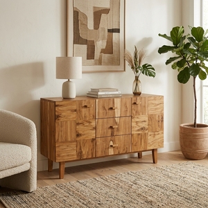 Buffet moderne en bois massif naturel, motif patchwork, 3 tiroirs, 2 armoires, console multimédia pour salon - Product Image 5