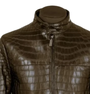 Chaqueta de Cuero PU con Estampado de Cocodrilo Marrón para Hombre, Cuello Alto, Cierre Frontal con Cremallera, Corte Ajustado Informal, Forro de Poliéster Transpirable para Invierno - Product Image 2