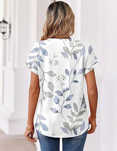 Women V-Neck Short Sleeve Floral Print T-Shirt Loose Fit Casual Summer Top White Blue Leaves <b>Pattern</b> <b>Knitted</b> Cotton - Product Image 3