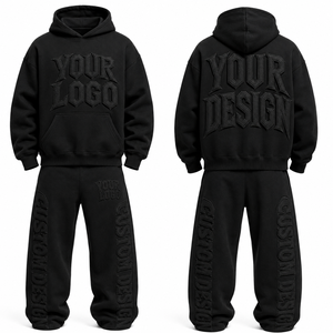 Custom Unisex <b>Black</b> Tracksuit Set 3D Embroidered Logo Streetwear Hooded Sweatshirt & <b>Pants</b> Full Length Loose Fit Adult - Product Image 3