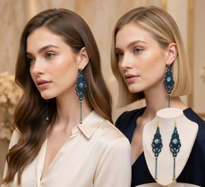 Boucles d'oreilles en macramé diamantées bleu sarcelle tissées à la main |   Bijoux à cordon géométrique |   Mangalmay Corporation - Product Image 4