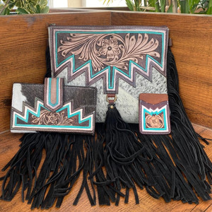 Nouveau cuir usiné à la main en cuir de vachette frange sac à bandoulière en cuir usiné à la main portefeuille à fleurs usiné à la main porte-cartes Trio ensemble - Product Image 2