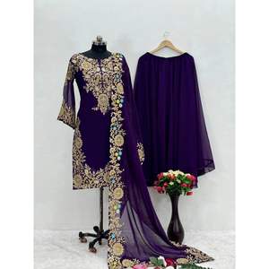 FASHION GEORGETTE BORDADO CODIFICACIÓN TRABAJO TOP PALAZZO CON DUPATTA MORADO - Product Image 1