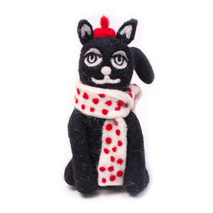 Figura de Gato Negro Hecha a Mano por SAMYAK en Fieltro de Lana con Sombrero Rojo y Bufanda de Puntos |   Adorno Animal Fantasioso para Decoración del Hogar, Juguete Educativo - Product Image 1