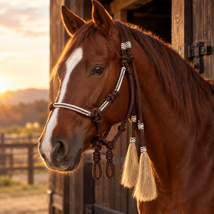 Cabestro para Caballo de Cuerda Trenzada Marrón con Borlas de Crin |   Collarín trenzado duradero para equitación western, para entrenamiento y manejo en rancho - Product Image 4