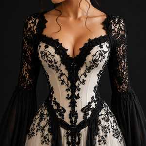 Luxury Black <b>White</b> Gothic <b>Lace</b> Floor-Length Embroidery Wedding Gown Designer Bridal Long Sleeves Elegant Vintage Ball Gown - Product Image 2