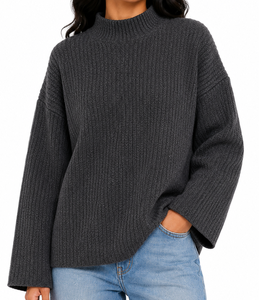 Sudadera de punto con cuello simulado para mujer con logo personalizado, manga raglán gruesa, jersey oversize de invierno al por mayor - Product Image 1