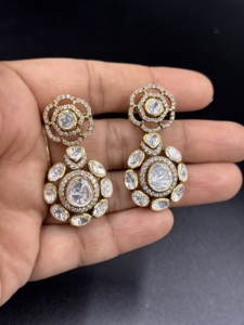 Floral Design Trendy Silver Long <b>Earrings</b> with Gold Plated Bezel Setting White Polki Traditional Ethnic Wear for Wedding - Product Image 6