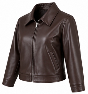Chaqueta de Cuero Sintético Marrón para Mujer, Cuello Camisero, Cierre de Cremallera, Manga Larga, Cortavientos, Abrigo de Otoño - Product Image 3