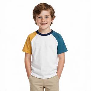 T-shirt décontracté pour garçons, col rond, manches courtes, en jersey de coton uni, avec blocs de couleur, blanc, jaune, bleu, pour enfants, OEM ODM - Product Image 1
