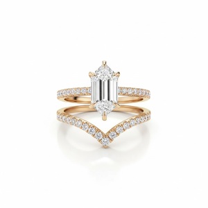 Luxury 14K Solid Gold Hexagon Step Cut Engagement <b>Ring</b> Paired with Chevron Curve Matching Eternity Wedding <b>Band</b> Bridal <b>Ring</b> Set - Product Image 6