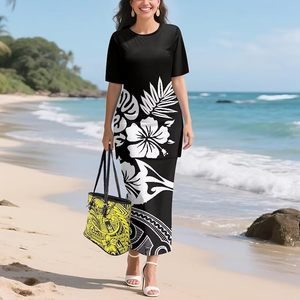 Tenues traditionnelles samoanes Puletasi en 2 pièces pour femmes, haut court à manches courtes et jupe longue, ensemble robe Puletasi - Product Image 3