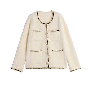 Women's Wool Acrylic <b>Cardigan</b> Elegant Solid Color Full Sleeve Button Up Winter <b>Thick</b> Knitted Short Coat With Pockets - Product Image 4