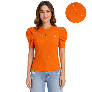 Blusa de punto color naranja para mujer con decoración de diamantes de imitación, manga abullonada, cuello redondo, top informal para primavera/verano, camisa para mujer - Product Image 1