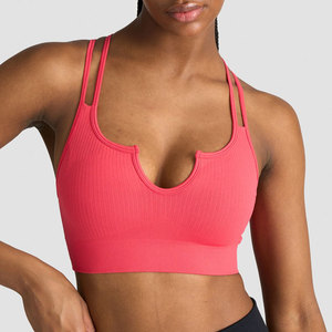 Haut de sport tricoté extensible pour femme, dos croisé à bretelles, col en V profond, en matériau côtelé personnalisé, avec coussinets amovibles, très vendu - Product Image 5