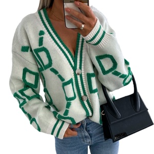 Cardigan en maille décontracté à col en V pour femme, imprimé, respirant, en polyester/coton, à manches longues, coupe ample, automne-hiver - Product Image 3
