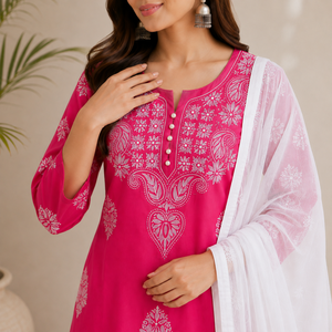 Exclusive <b>Women</b> Bright Pink Chikankari Hand Embroidered Straight <b>Kurti</b> Ethnic Floral Suit - Product Image 4