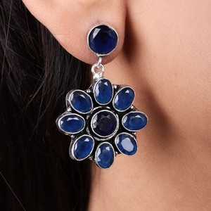 ต่างหูห้อยลายดอกไม้แบบโบฮีเมียนเงินออกซิไดซ์อัญมณีหลายเม็ดต่างหูทองเหลืองรูปดอกไม้สำหรับผู้หญิง - Product Image 3