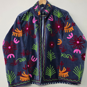 Morvi-Fab 2026 #64 Latest <b>Women</b>’s <b>Velvet</b> <b>Jacket</b> – Colorful Floral Embroidered Design with Striped Cuffs - Product Image 1