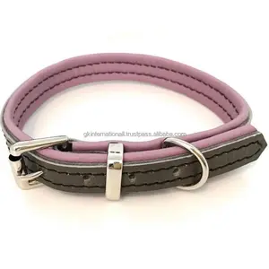 Double Layered colorful padding genuine leather fancy dog collar in all custom sizes with nickel Roller buckle D ring & loop