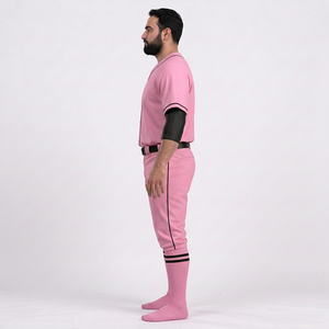 Ensemble de baseball rose uni respirant et antibactérien pour homme – Maillot à col en V et pantalon, manches courtes, fermeture boutonnée, coupe classique, personnalisable - Product Image 3